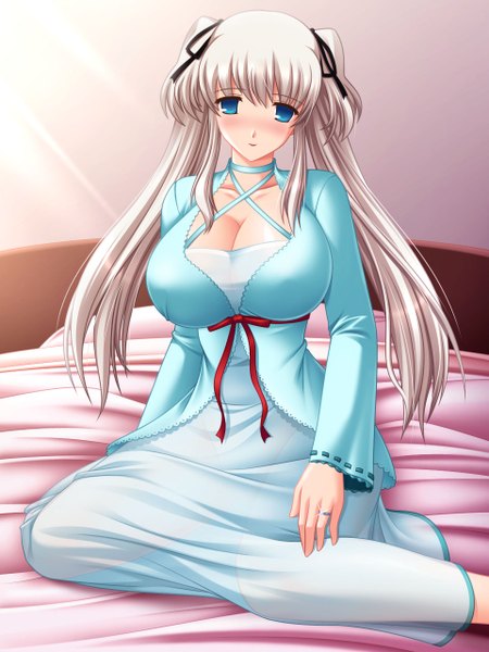 Anime picture 960x1280 with mabinogi nao (mabinogi) kafu single long hair tall image blush breasts blue eyes light erotic large breasts twintails white hair girl dress bed ring