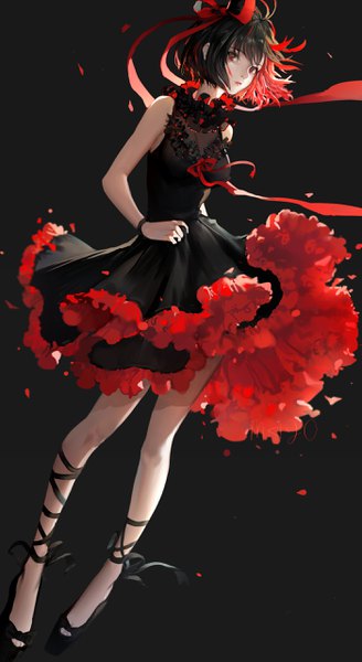 Anime picture 1400x2560 with original majo single tall image looking at viewer short hair black hair simple background brown eyes signed red hair multicolored hair wind two-tone hair streaked hair dark background frilled dress girl dress ribbon (ribbons)
