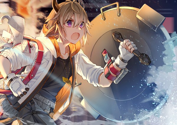 Anime picture 2121x1500 with arknights bison (arknights) satoimo (3311 mi) single fringe highres short hair open mouth blonde hair hair between eyes purple eyes looking away horn (horns) open jacket boy gloves jacket white gloves shield id card