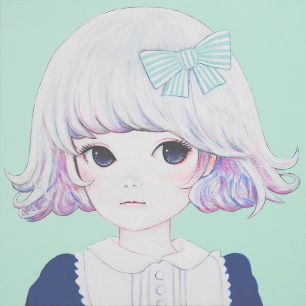 Anime picture 6500x6500 with original kaoru hasegawa single looking at viewer fringe highres short hair absurdres white hair black eyes portrait expressionless aqua background girl bow hair bow
