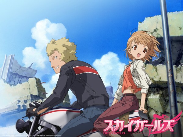 Anime picture 1600x1200 with sky girls j.c. staff sakurano otoha highres wallpaper motorcycle tachibana ryohei