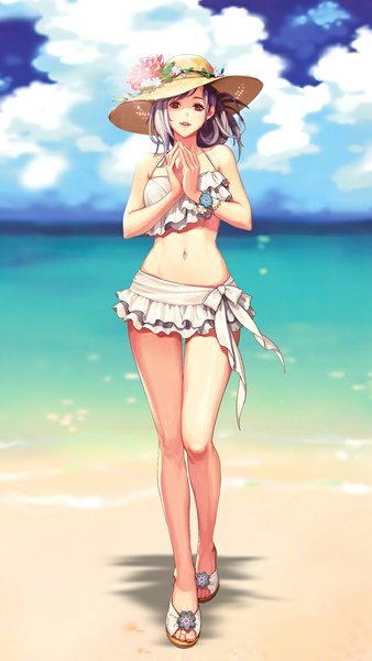 Anime picture 640x1136 with original sukima single tall image short hair light erotic red eyes silver hair cloud (clouds) midriff beach girl navel flower (flowers) hat sea