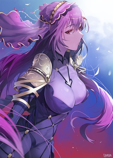 Anime picture 712x1000 with fate (series) fate/grand order scathach (fate) (all) scathach (fate) damda single long hair tall image looking at viewer fringe breasts light erotic hair between eyes red eyes large breasts standing signed purple hair profile floating hair
