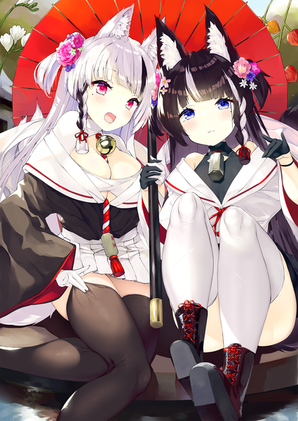 Anime picture 1360x1920 with original ochinsama long hair tall image looking at viewer blush breasts open mouth blue eyes light erotic black hair smile red eyes large breasts sitting multiple girls animal ears white hair tail braid (braids)