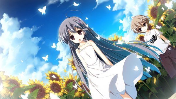 Anime picture 1280x720 with himawari no kyoukai to nagai natsuyasumi ashitaba yousuke sagitsuki ruka motoyon long hair blush short hair open mouth black hair blonde hair smile red eyes wide image bare shoulders brown eyes game cg sky cloud (clouds) loli hand in pocket