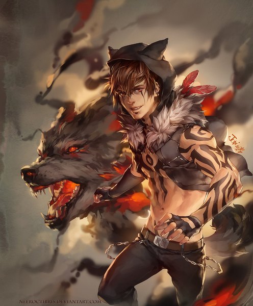 Anime picture 827x1000 with original jurikoi single tall image looking at viewer red eyes brown hair signed tail parted lips animal tail light smile teeth bare belly fang (fangs) tattoo fur trim piercing turning head smoke