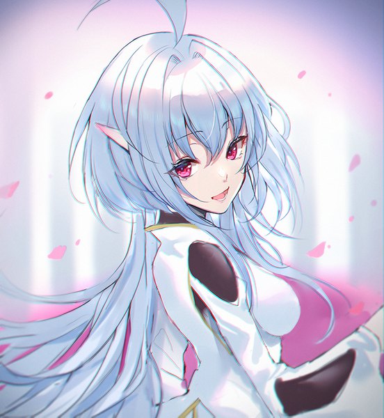 Anime picture 800x869 with fate (series) fate/grand order fate/prototype merlin (fate/prototype) kernel killer single long hair tall image looking at viewer fringe open mouth hair between eyes silver hair upper body ahoge :d pink eyes turning head girl petals
