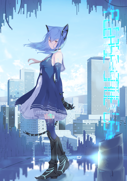 Anime picture 2894x4099 with original mikisai single long hair tall image looking at viewer fringe highres smile hair between eyes red eyes standing bare shoulders animal ears blue hair sky cloud (clouds) full body outdoors wind