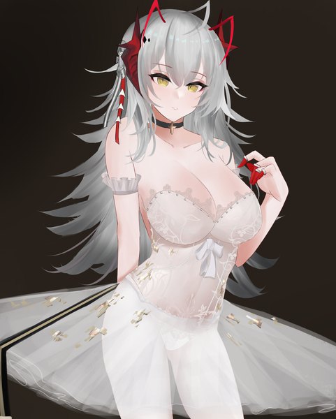Anime picture 1911x2385 with arknights w (arknights) niuwajun single long hair tall image looking at viewer blush fringe highres breasts light erotic simple background hair between eyes large breasts standing yellow eyes cleavage ahoge horn (horns)