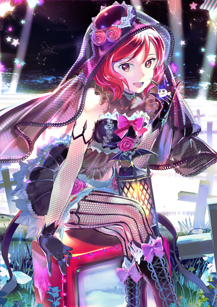 Anime picture 850x1202 with love live! school idol project sunrise (studio) love live! nishikino maki 119 single tall image looking at viewer short hair open mouth sitting bare shoulders brown eyes red hair arm support bare belly leaning leaning forward crossed legs lacing