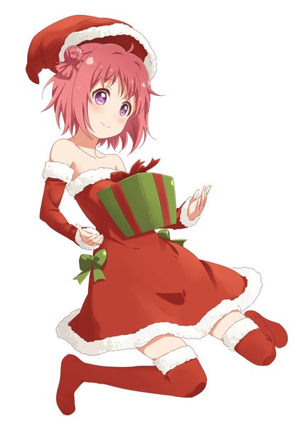 Anime picture 674x952 with yuru yuri doga kobo akaza akari shikou sakugo (qqap9gt9k) single tall image short hair simple background smile white background purple eyes pink hair full body ahoge hair bun (hair buns) fur trim flat chest christmas girl hat