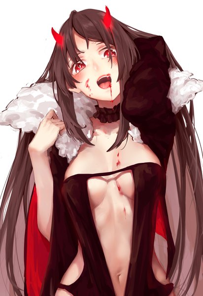 Anime picture 2031x2952 with fate (series) fate/grand order yu mei-ren (fate) cyta celest single long hair tall image looking at viewer blush fringe highres breasts open mouth light erotic simple background red eyes brown hair large breasts white background payot
