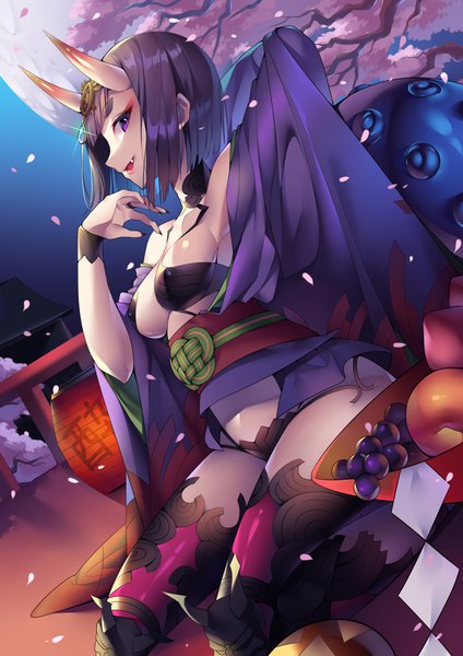 Anime picture 2480x3507 with fate (series) fate/grand order shuten douji (fate) may (2747513627) single tall image looking at viewer highres short hair breasts open mouth light erotic smile purple eyes purple hair profile horn (horns) fang (fangs) sideboob cherry blossoms