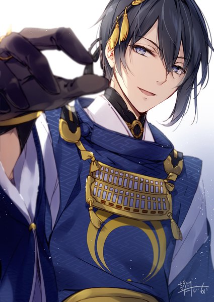 Anime picture 724x1023 with touken ranbu nitroplus mikazuki munechika mochizuki shiina single tall image looking at viewer fringe short hair open mouth blue eyes black hair simple background smile hair between eyes signed upper body traditional clothes :d japanese clothes