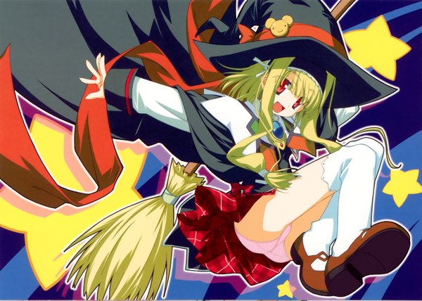 Anime picture 1781x1272 with wiz anniversary alice alicetel fernek long hair highres open mouth light erotic blonde hair red eyes pantyshot witch girl skirt underwear panties ribbon (ribbons) star (symbol) witch hat broom
