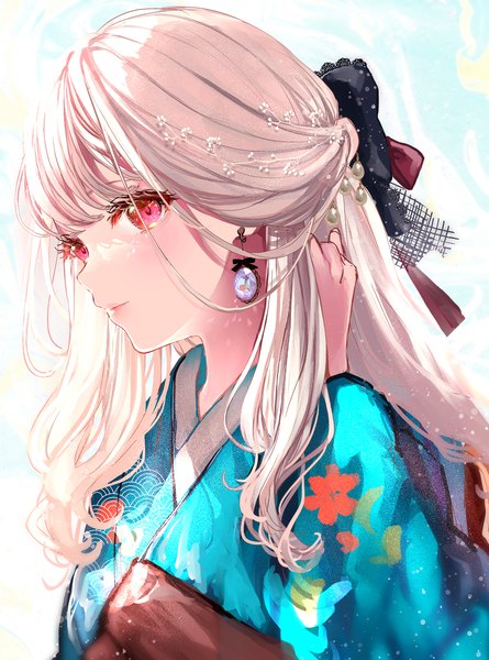 Anime picture 1123x1515 with original puracotte single long hair tall image fringe blonde hair red eyes payot looking away upper body blunt bangs traditional clothes japanese clothes arm up wide sleeves floral print adjusting hair portrait half updo