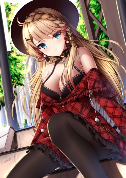 Anime picture 1273x1800 with azur lane howe (azur lane) howe (noble rouge) (azur lane) wsman single long hair tall image looking at viewer blush fringe breasts blue eyes light erotic blonde hair large breasts sitting bare shoulders signed payot cleavage