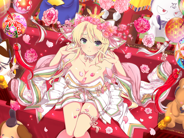 Anime picture 1024x768 with senran kagura katsuragi (senran kagura) yaegashi nan single long hair looking at viewer blush fringe breasts light erotic blonde hair smile hair between eyes large breasts sitting bare shoulders green eyes cleavage indoors nail polish