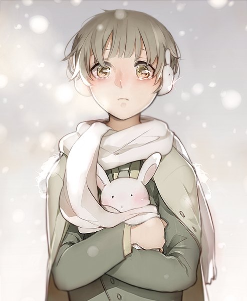 Anime picture 982x1195 with ayatoki-1 single tall image looking at viewer blush short hair holding yellow eyes aqua hair tears snowing winter crying sad scarf toy earmuffs