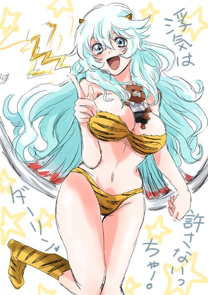 Anime picture 600x848 with fate (series) fate/grand order urusei yatsura artemis (fate/grand order) orion (fate/grand order) unya single long hair tall image looking at viewer blush fringe breasts open mouth light erotic simple background hair between eyes standing head tilt :d