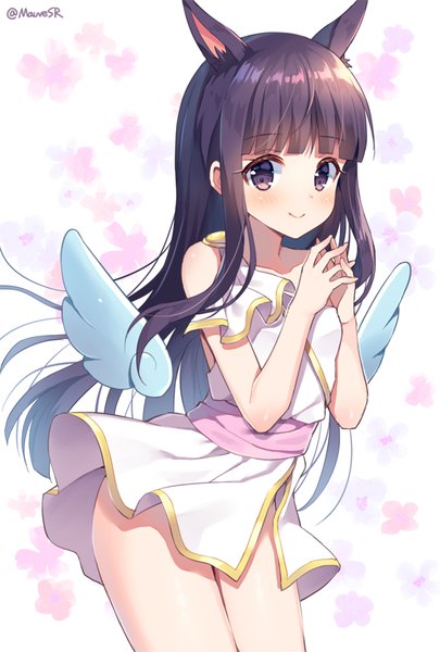 Anime picture 600x888 with princess connect! re:dive princess connect! kasumi (princess connect!) mauve single long hair tall image looking at viewer blush fringe light erotic black hair smile signed animal ears blunt bangs black eyes twitter username hands clasped interlocked fingers