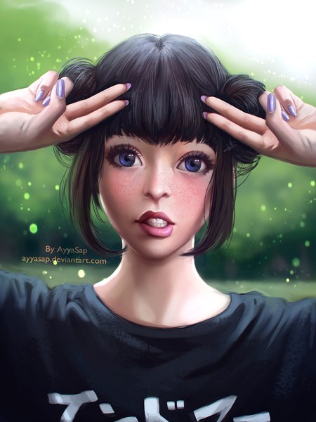 Anime picture 1536x2048 with ayyasap single tall image looking at viewer fringe short hair open mouth black hair purple eyes signed nail polish fingernails realistic inscription hair bun (hair buns) long fingernails clenched teeth freckles girl