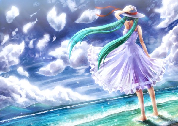 Anime picture 1200x848 with vocaloid hatsune miku hyuuga azuri single long hair twintails sky cloud (clouds) barefoot wind from behind aqua hair girl ribbon (ribbons) hat sea sundress