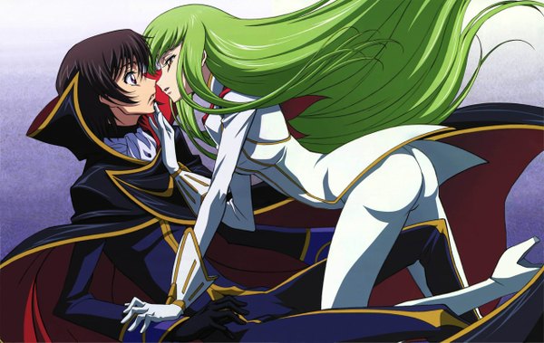 Anime picture 1280x809 with code geass sunrise (studio) c.c. lelouch lamperouge zero (code geass) long hair fringe short hair brown hair purple eyes yellow eyes green hair couple on all fours girl boy gloves uniform
