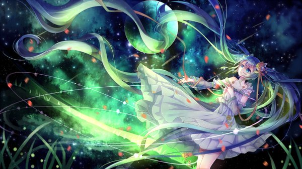 Anime picture 1280x720 with vocaloid hatsune miku yasato single wide image twintails looking away very long hair hair flower aqua eyes aqua hair night girl dress hair ornament flower (flowers) ribbon (ribbons) plant (plants) hair ribbon detached sleeves