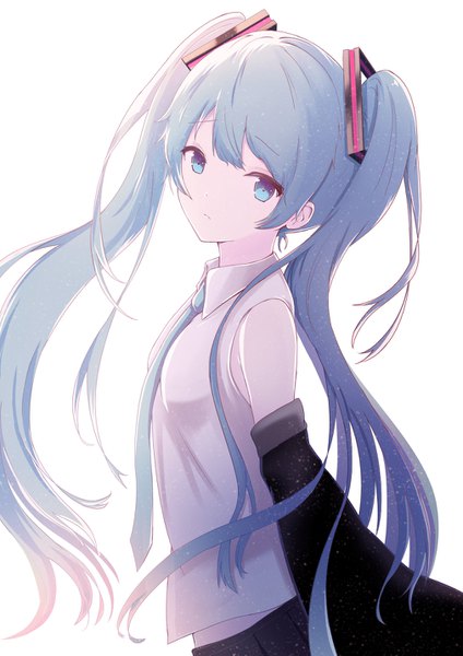 Anime picture 1012x1433 with vocaloid hatsune miku yuzuaji single long hair tall image looking at viewer fringe blue eyes simple background hair between eyes standing white background twintails payot blue hair head tilt floating hair light sad