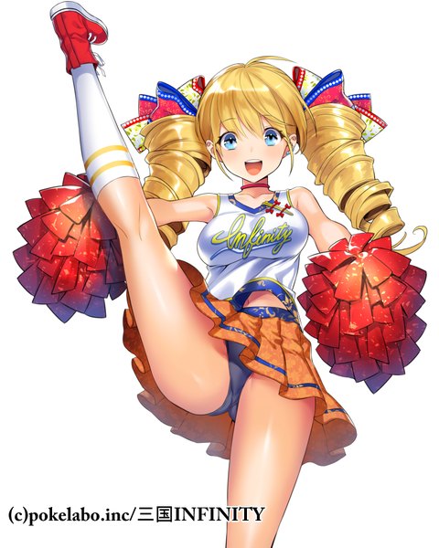 Anime picture 800x1000 with fuji minako single long hair tall image blush open mouth blue eyes light erotic blonde hair twintails drill hair cheerleader girl skirt underwear panties miniskirt socks white socks