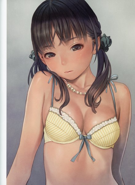 Anime picture 5092x6966 with futurelog (artbook) range murata single long hair tall image looking at viewer fringe highres breasts light erotic black hair simple background twintails bare shoulders absurdres cleavage upper body head tilt black eyes scan
