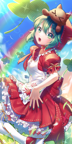 Anime picture 1000x2000 with project diva project diva 2nd vocaloid hatsune miku kirisaki shuusei single tall image fringe short hair open mouth hair between eyes green eyes looking away eyes closed nail polish :d green hair puffy sleeves > < mikuzukin (module)