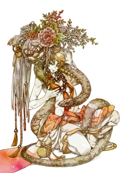 Anime picture 1140x1500 with original itsuiko tall image short hair blonde hair white background green eyes squat shirtless boy flower (flowers) animal food mask branch cup beads berry (berries) alcohol snake
