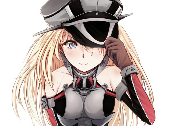 Anime picture 1000x727 with kantai collection bismarck battleship qunqing long hair looking at viewer blush fringe breasts blue eyes blonde hair white background bare shoulders light smile girl gloves detached sleeves peaked cap clothes