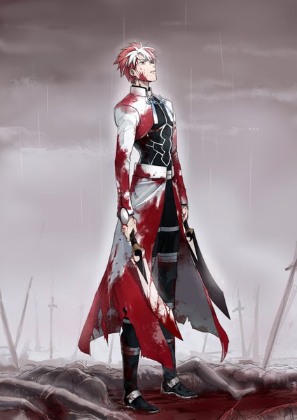 Anime picture 1200x1697 with fate (series) fate/stay night archer (fate) emiya shirou emiya shirou (alternate) linjie single tall image short hair standing holding cloud (clouds) full body white hair red hair parted lips multicolored hair two-tone hair grey eyes torn clothes