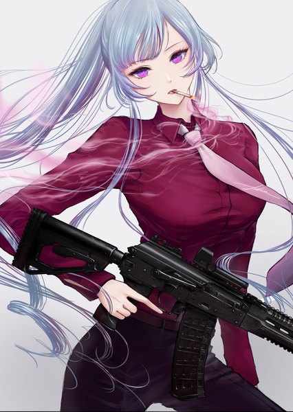 Anime picture 1488x2098 with girls frontline ak-12 (girls frontline) filha single long hair tall image looking at viewer fringe breasts simple background standing purple eyes holding payot blue hair ponytail blunt bangs long sleeves head tilt gradient background