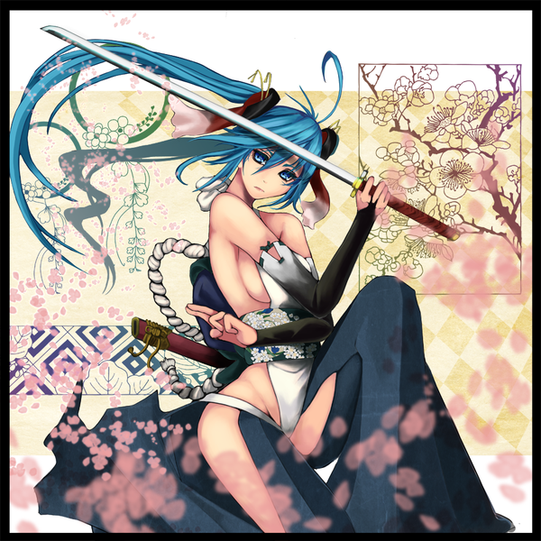 Anime picture 1000x1000 with vocaloid hatsune miku single long hair looking at viewer fringe breasts light erotic twintails bare shoulders aqua eyes aqua hair legs girl hair ornament flower (flowers) weapon detached sleeves sword katana