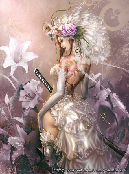 Anime picture 1189x1600 with original wanhsienwei single long hair tall image highres brown hair purple eyes looking back hair flower from behind realistic tattoo back girl dress gloves hair ornament flower (flowers) ribbon (ribbons)