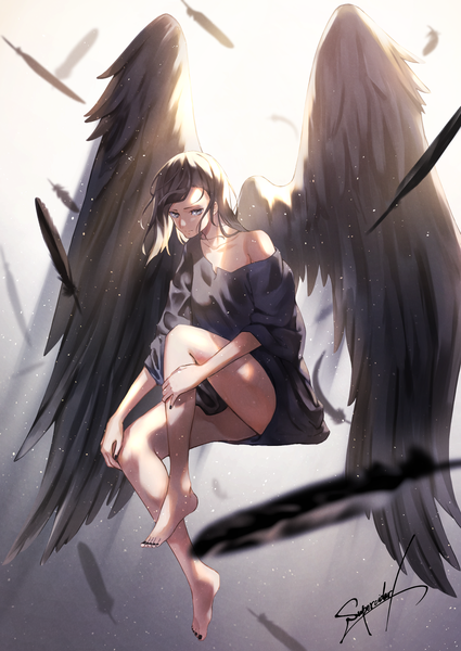 Anime picture 2508x3541 with original superciderx single long hair tall image looking at viewer highres black hair simple background signed full body bent knee (knees) barefoot sunlight blurry off shoulder grey background bare legs grey eyes gradient background