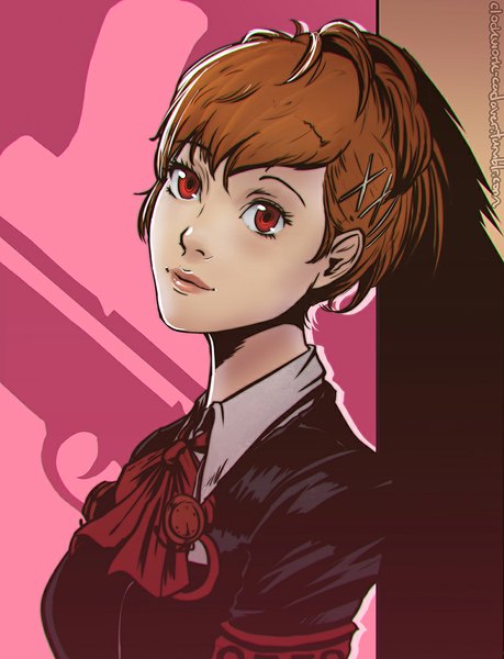 Anime picture 783x1024 with persona 3 persona female protagonist (p3) koyoriin single tall image fringe short hair breasts red eyes brown hair head tilt light smile lips shadow girl hair ornament bow shirt white shirt
