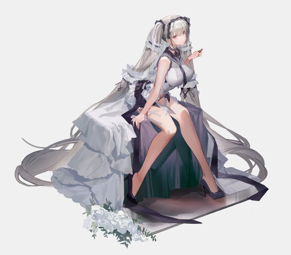 Anime picture 6048x5293 with azur lane formidable (azur lane) formidable (timeless classics) (azur lane) you zhaqi single fringe highres breasts light erotic simple background hair between eyes red eyes large breasts white background payot absurdres silver hair full body very long hair bare legs