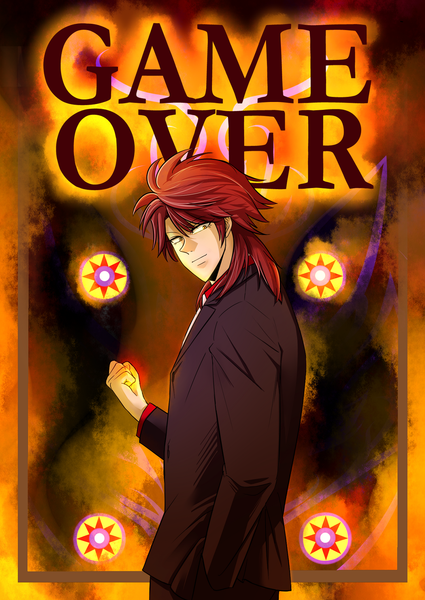 Anime picture 1300x1836 with ultimate survivor kaiji ichijou (kaiji) hiro (pixiv1798527) single long hair tall image red hair inscription framed hand in pocket boy suit