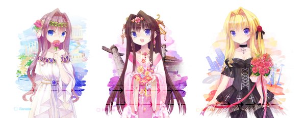 Anime picture 3089x1200 with original delores (mvv) aurora (mvv) mvv long hair highres open mouth blue eyes black hair blonde hair brown hair wide image multiple girls girl dress hair ornament flower (flowers) 3 girls bouquet