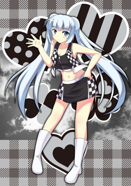 Anime picture 2893x4092 with miss monochrome miss monochrome (character) oune yuu single long hair tall image looking at viewer blush highres blue eyes twintails silver hair girl skirt navel boots