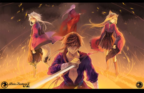 Anime picture 1300x842 with original pixiv fantasia pixiv fantasia v naked cat blue eyes red eyes brown hair animal ears purple hair white hair long sleeves animal tail inscription letterboxed group girl boy weapon sword collar