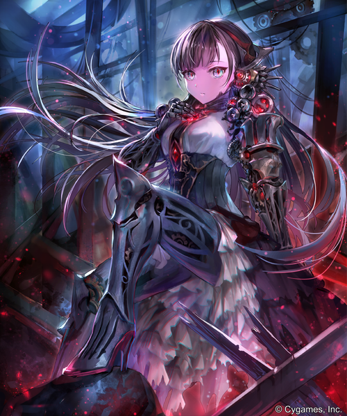 Anime picture 1050x1260 with shadowverse mono garnet rebel irua single long hair tall image looking at viewer fringe brown hair sitting bent knee (knees) blunt bangs night arm support official art high heels copyright name floating hair hand on chest slit pupils