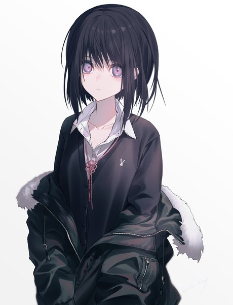 Anime picture 1447x1887 with original haizome senri single tall image looking at viewer fringe short hair black hair simple background hair between eyes white background purple eyes upper body off shoulder open jacket fur trim open collar expressionless girl shirt