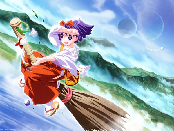Anime picture 1280x960 with popotan unagi nono (popotan) watanabe akio single short hair open mouth sitting purple eyes holding looking away sky purple hair cloud (clouds) full body outdoors traditional clothes japanese clothes wind mountain