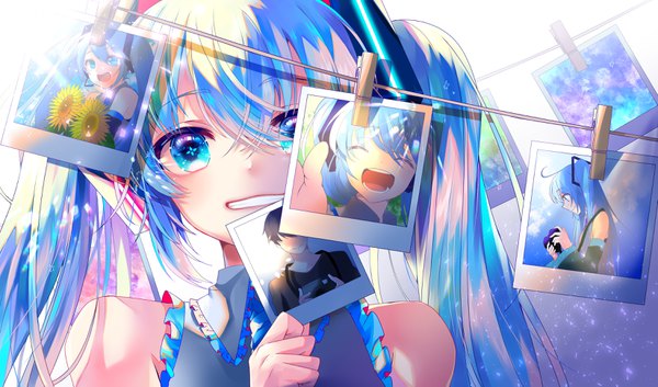 Anime picture 3291x1941 with vocaloid hatsune miku master (vocaloid) hoshino kisora single long hair looking at viewer fringe highres blue eyes hair between eyes wide image twintails bare shoulders holding upper body parted lips aqua hair girl frills